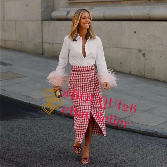 Zara TWEED TEXTURED WEAVE HOUNDSTOOTH
High-waist Midi Skirt Front Slit Pink NEW - Picture 2 of 16